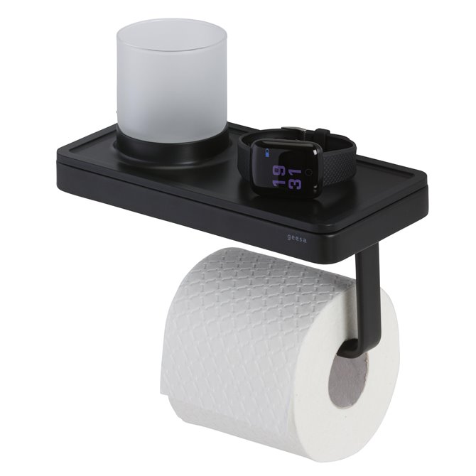 FRAME FULL BLACK  Metal toilet roll holder Metal toilet roll holder with  shelf By Geesa