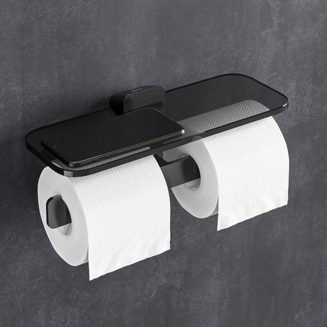 Geesa - Geesa Shift Toilettenpapierhalter doppelt Schwarz Metall gebürstet  mit Ablage aus Rauchglas