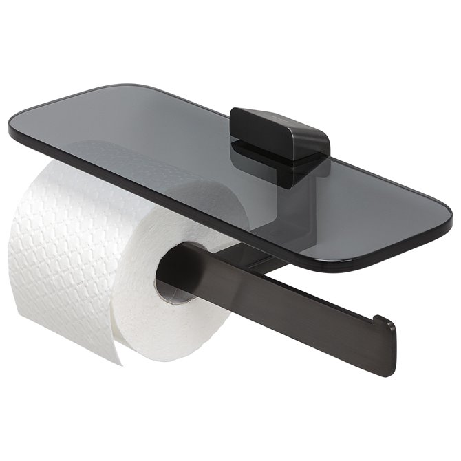 Geesa - Geesa Shift Toilettenpapierhalter doppelt Schwarz Metall gebürstet  mit Ablage aus Rauchglas